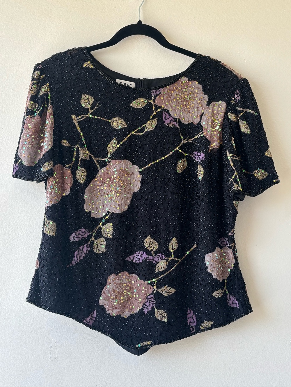 Black Sequin Floral Short Sleeve Blouse with Pink Blooms